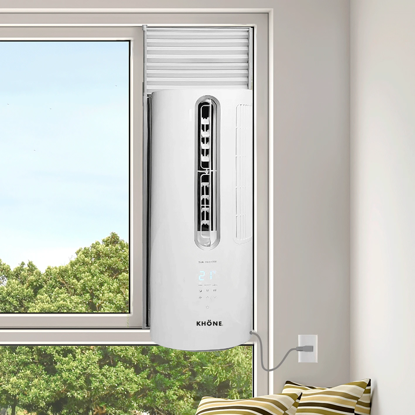Equipo Ventana Premium Khöne instalado en una ventana corredera con su soporte extensible